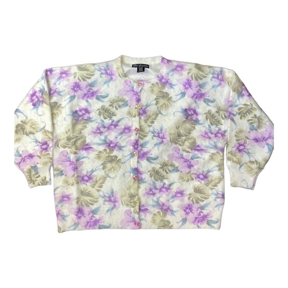 Lee Sands Women’s Orchid and Monstera Print Angora Cardigan Sweater Size 1X NWOT - Picture 4 of 14